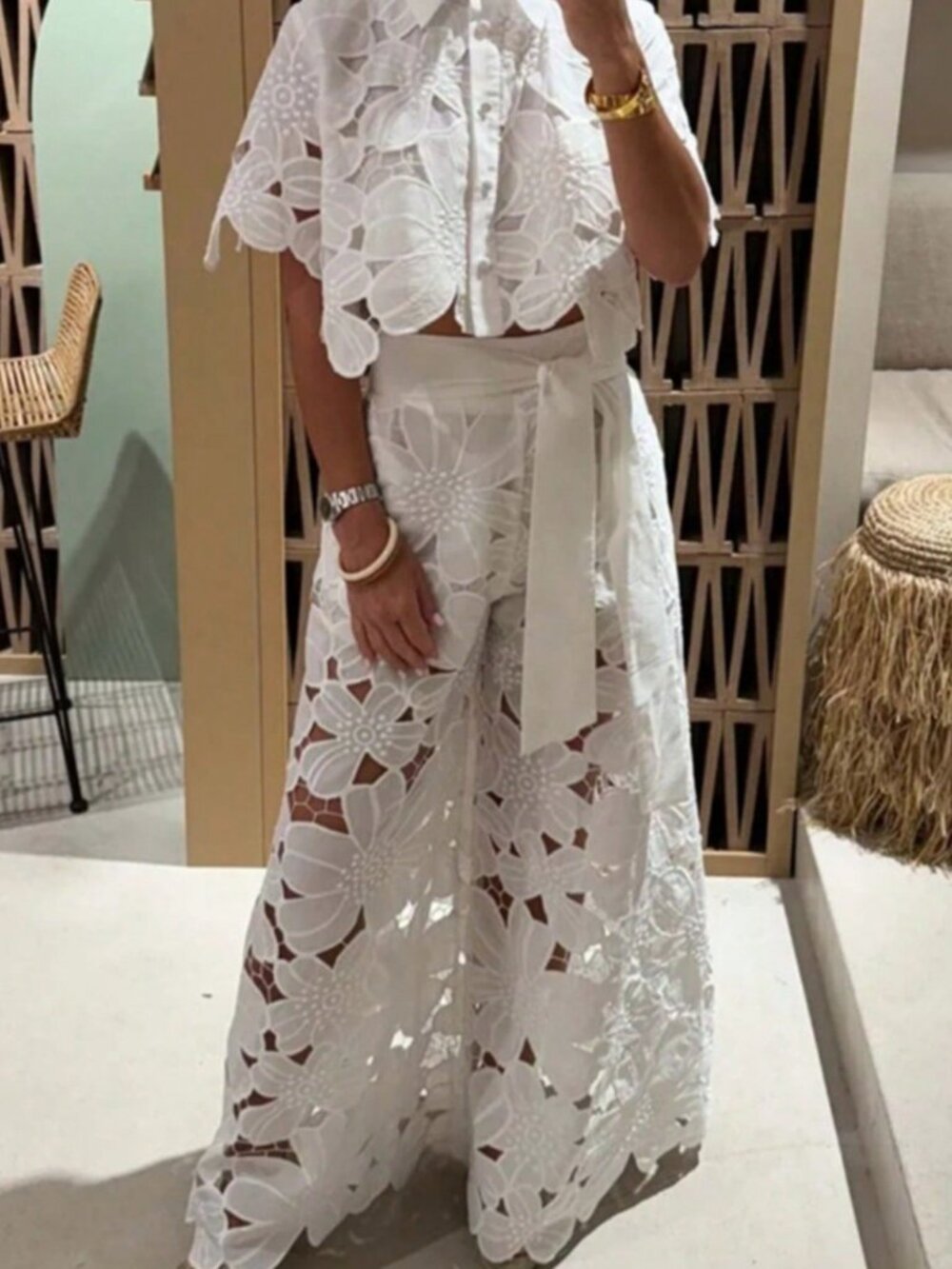 White Casual Women's Floral Lace Set with Cape-Sleeve Top & Wide-Leg Pants - Picture 2 of 2